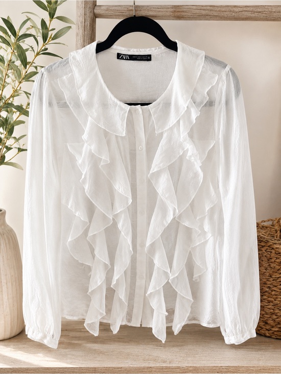 Zara Tops - ZARA White Ruffle Sheer Blouse Size XL